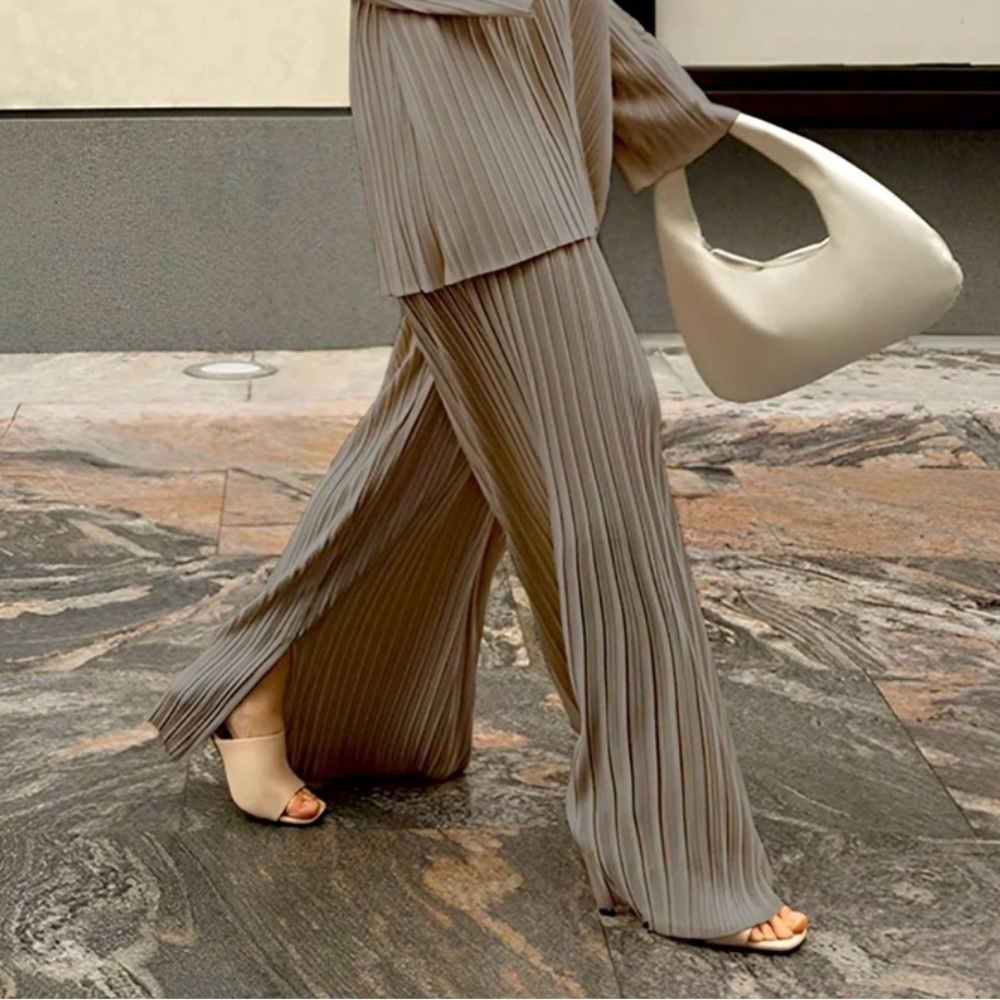 Commense Pleated Wide Leg Drape Flowy Leisure Pants